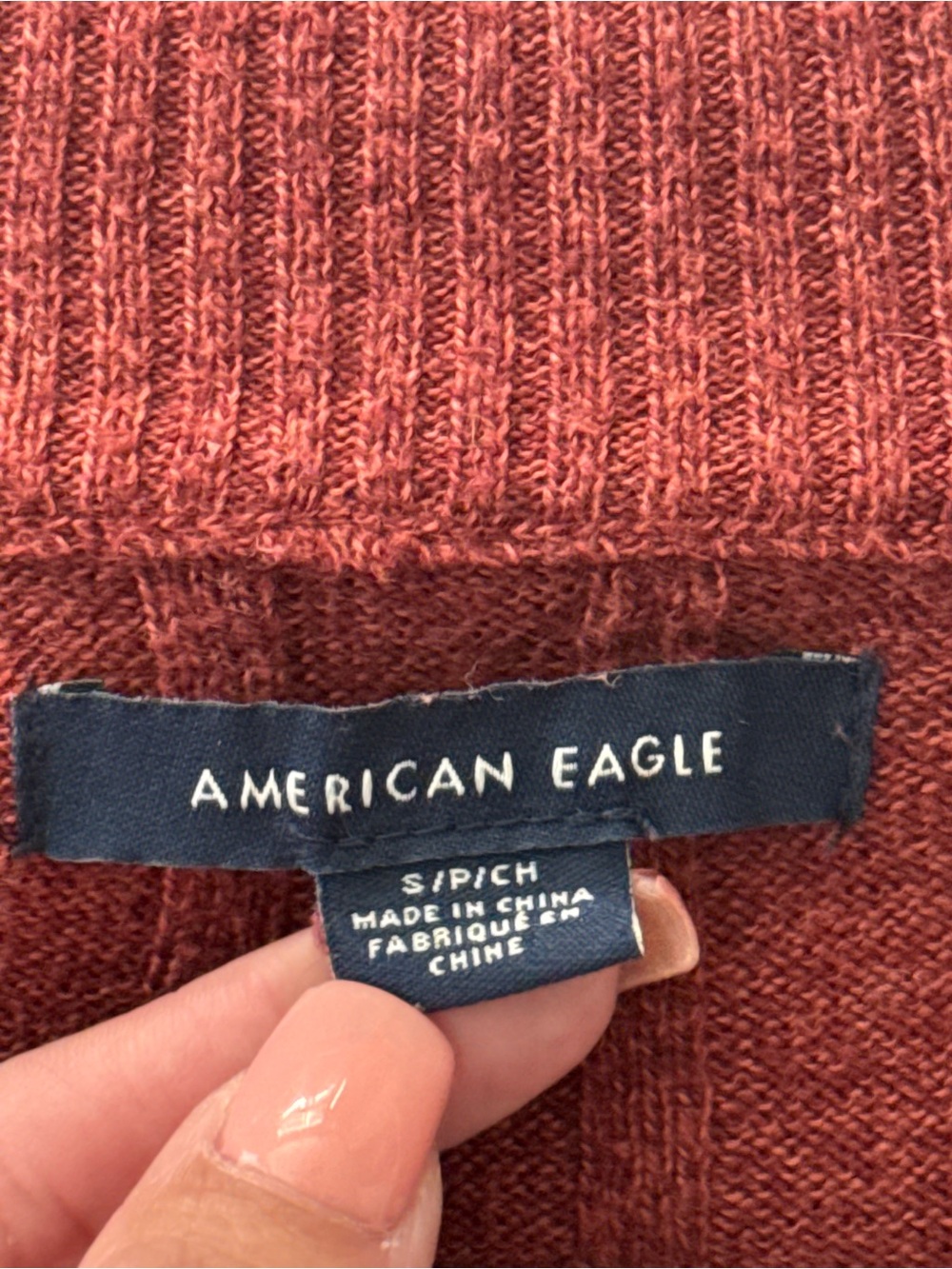 American Eagle Cable Rib Button-Front Deep Rust Sweater - Picture 2 of 4